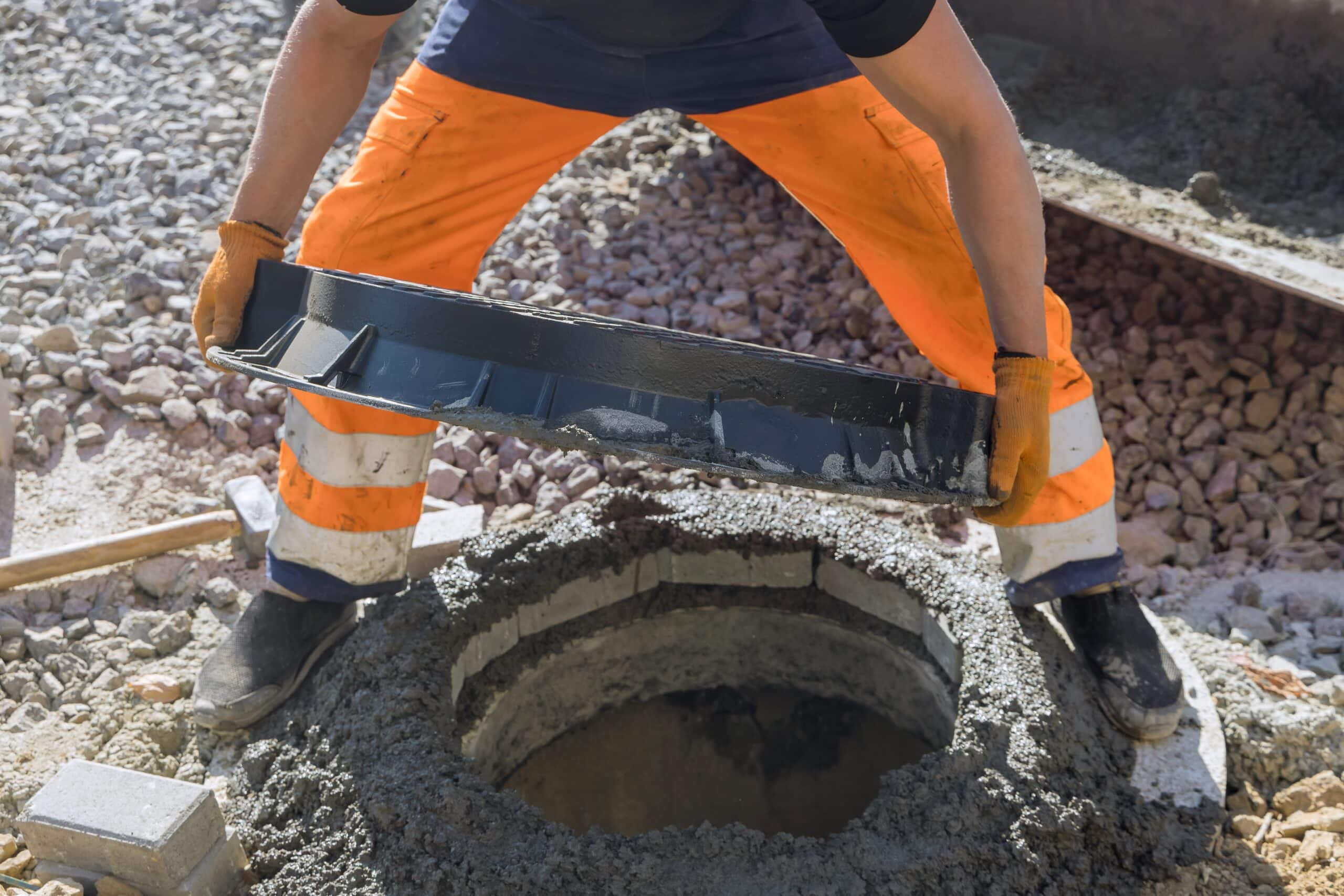 Sewerage construction worker installing underground manhole