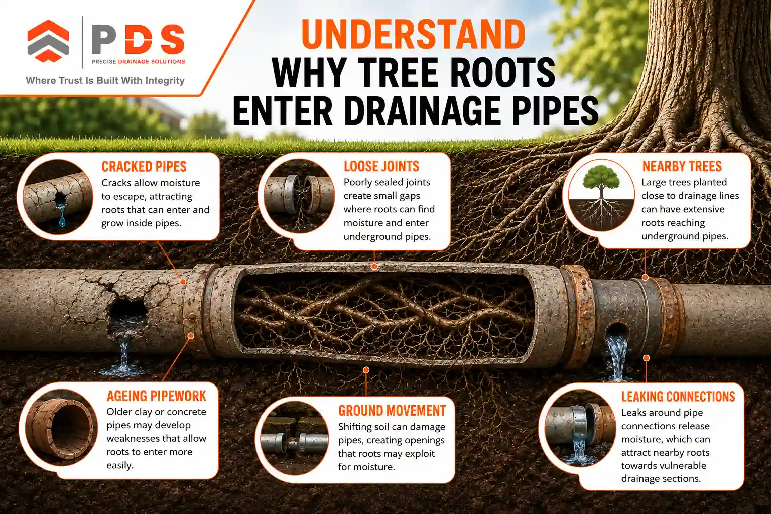 Tree Roots Enter Drainage Pipes